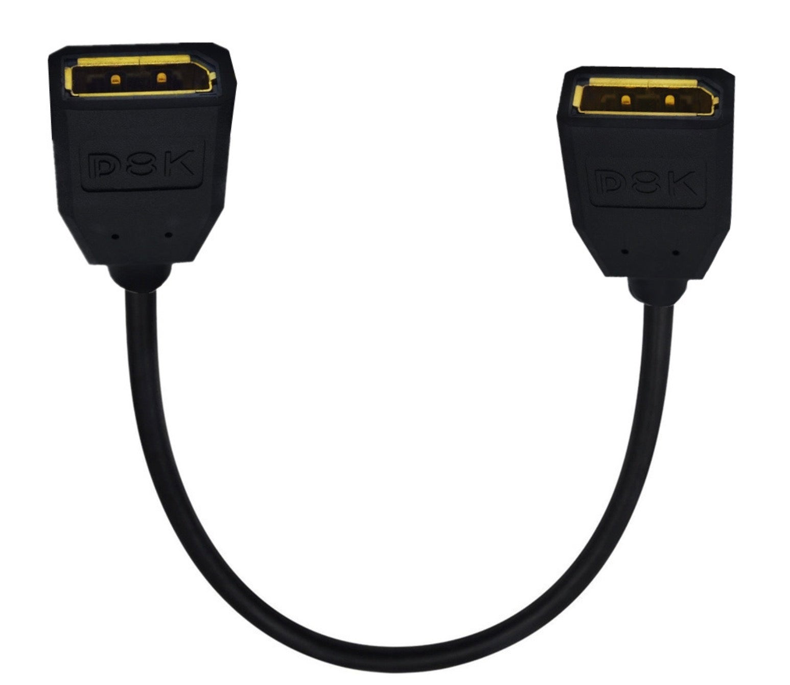A black 8K DisplayPort 1.4 female to DisplayPort female extension cable.