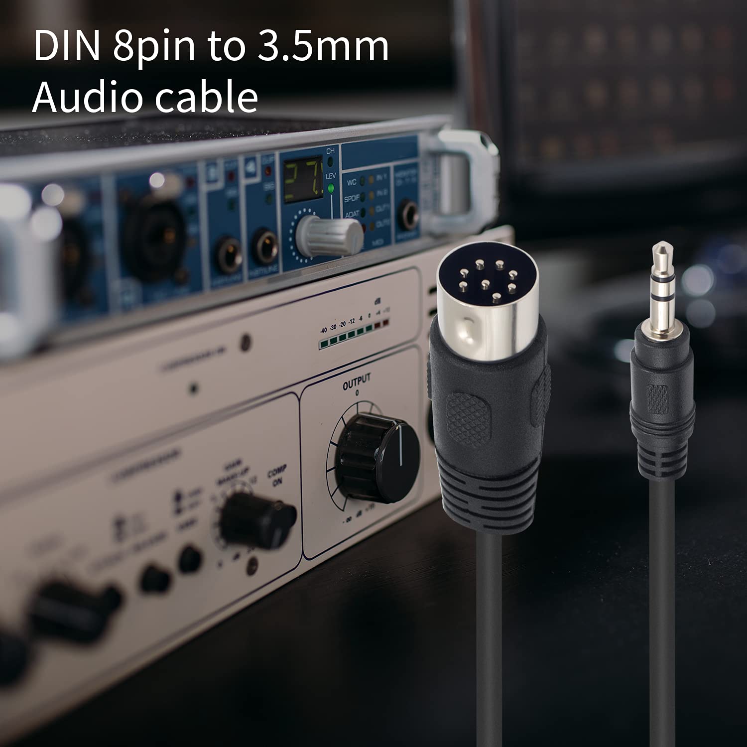 8-pin DIN male to 3.5mm stereo audio cable on white background