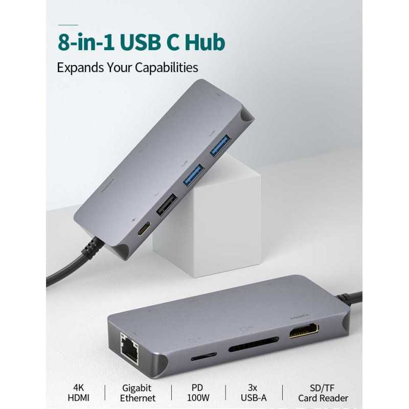 8 in 1 USB-C Hub with Gigabit Ethernet 4K HDMI USB 3.0 2 USB 2.0 PD 100W SD TF Card Reader Laptop Docking Station