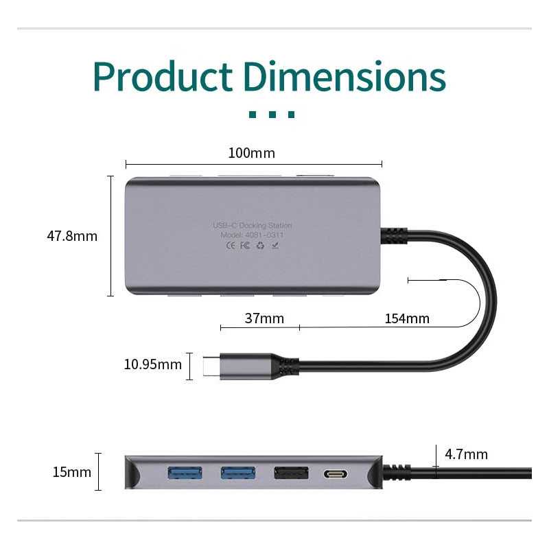 8 in 1 USB-C Hub with Gigabit Ethernet 4K HDMI USB 3.0 2 USB 2.0 PD 100W SD TF Card Reader Laptop Docking Station