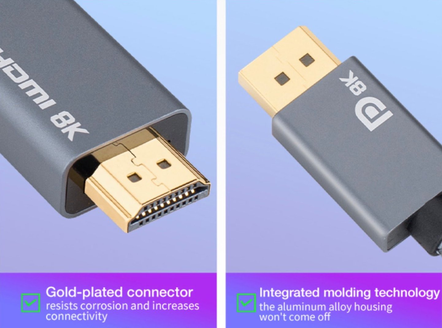 8K DisplayPort to HDMI cable supporting HDR and ultra high resolution display output