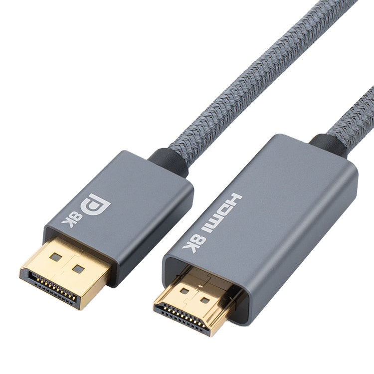 8K DisplayPort to HDMI braided audio video cable with gold-plated connectors and premium grey housing