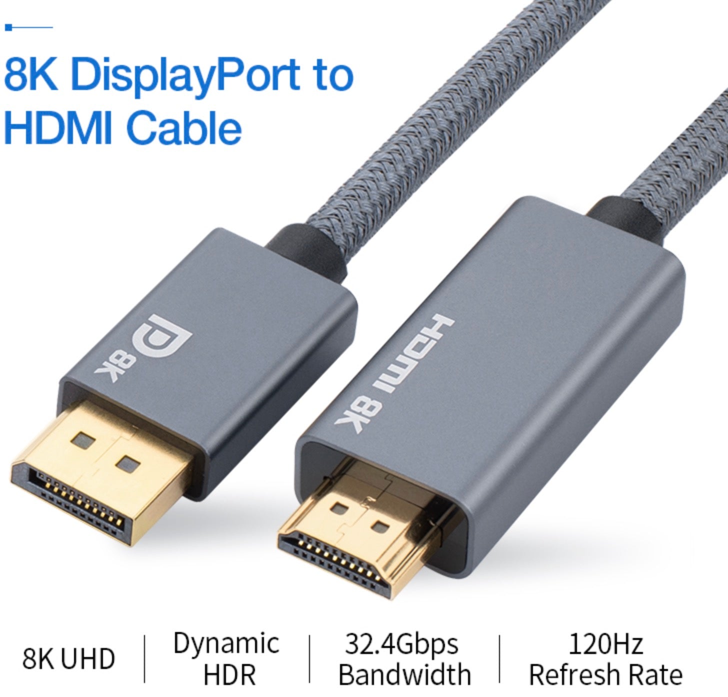 8K DisplayPort to HDMI cable specification graphic showing bandwidth and display performance features