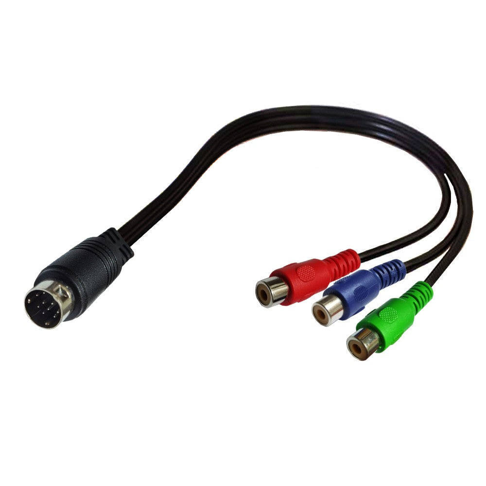 9-pin DIN to component RCA adapter cable connected to compatible AV equipment