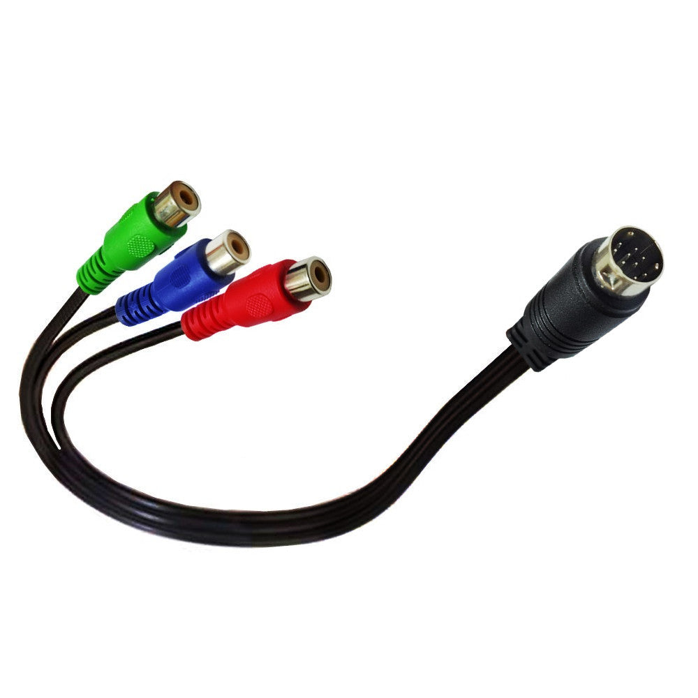 9-pin S-Video DIN to three RCA component adapter installed on compatible video equipment