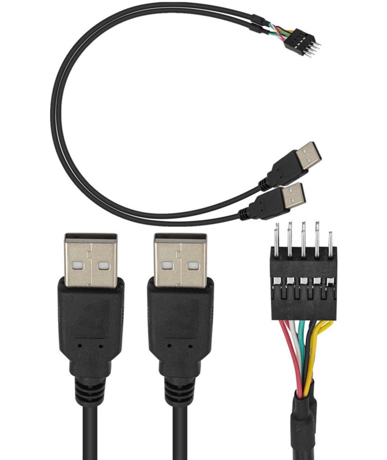 9-pin IDC to dual USB-A 2.0 motherboard adapter cable