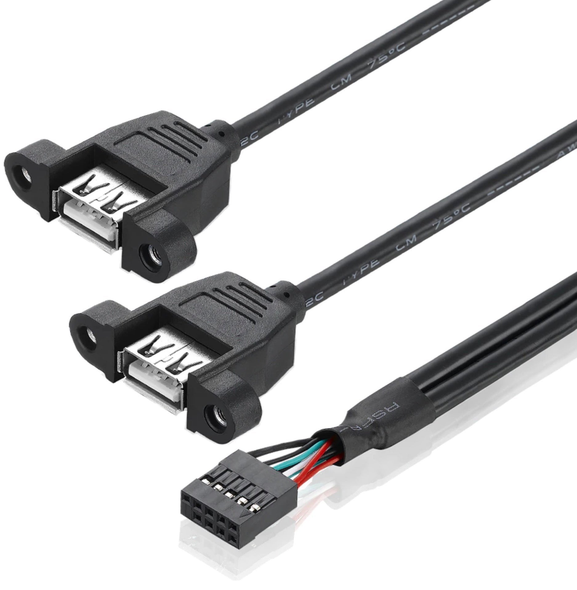 9-pin motherboard header to dual USB 2.0 Type-A female panel mount cable