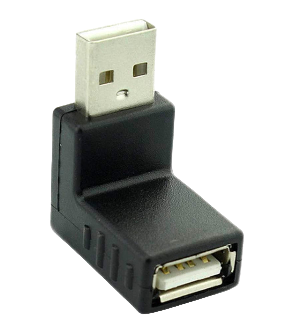 Black USB adapter with angled design on a white background