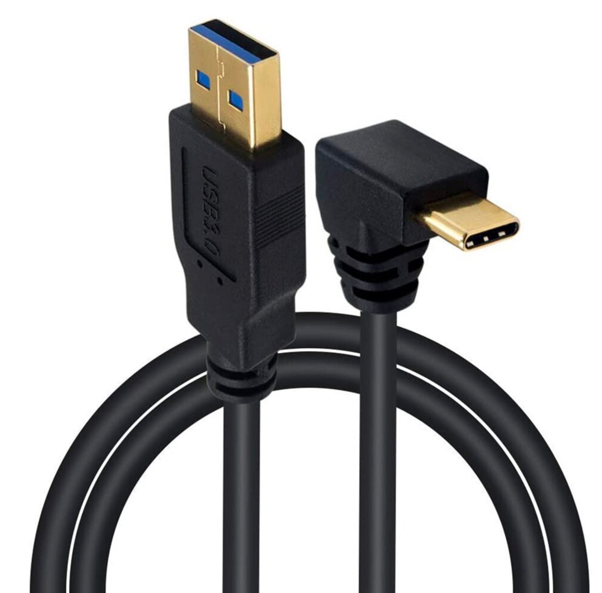 Black USB cable with right-angle connectors on a white background