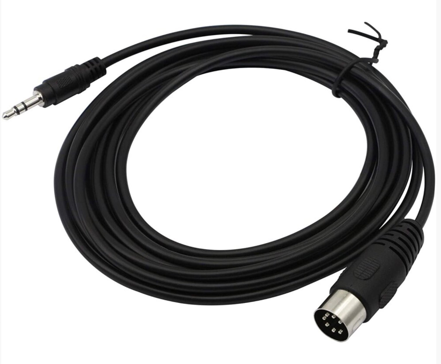 A black 7-pin DIN male to 3.5mm stereo male audio cable.
