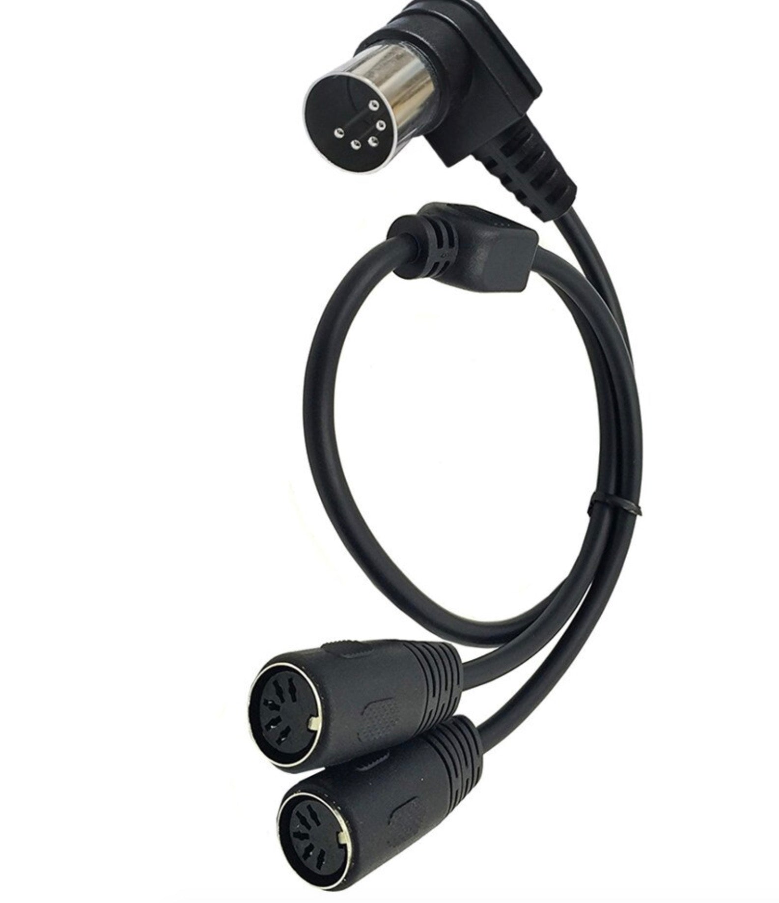 Black 5-pin DIN Y MIDI splitter close-up on connectors
