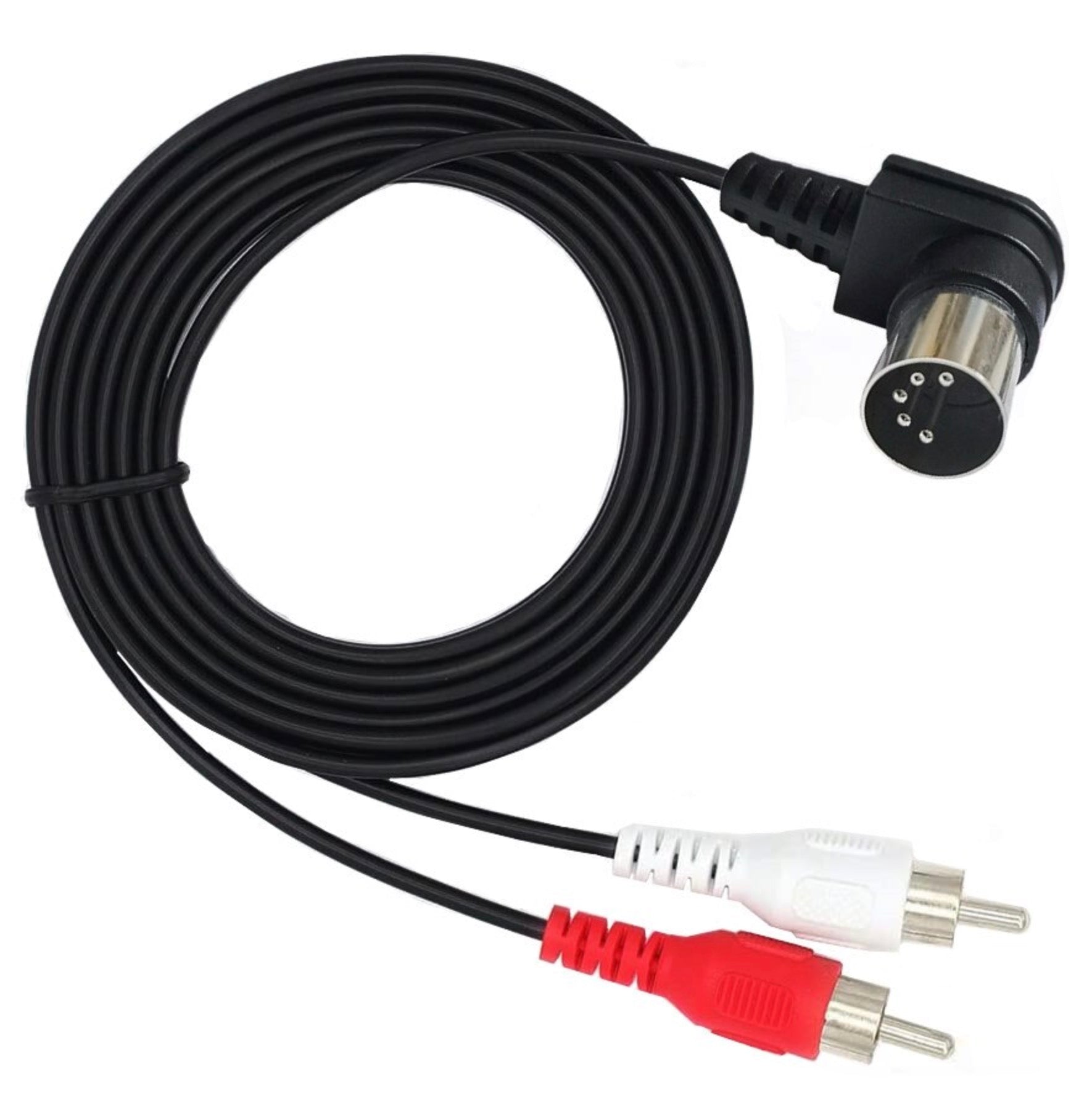 Black audio cable with red and white connectors on a white background
