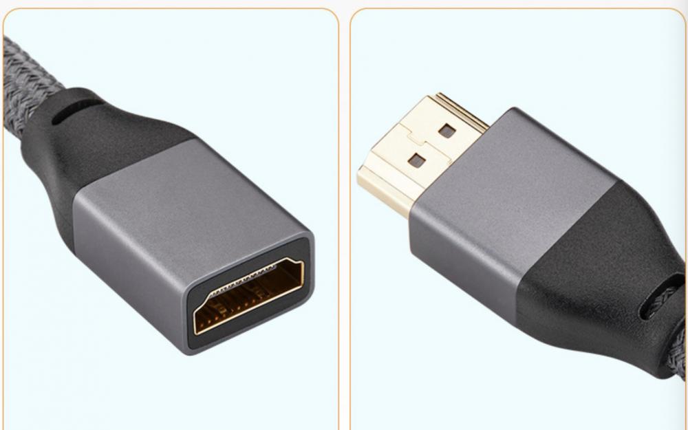 Close-up of HDMI 2.1 male connector on extension cable