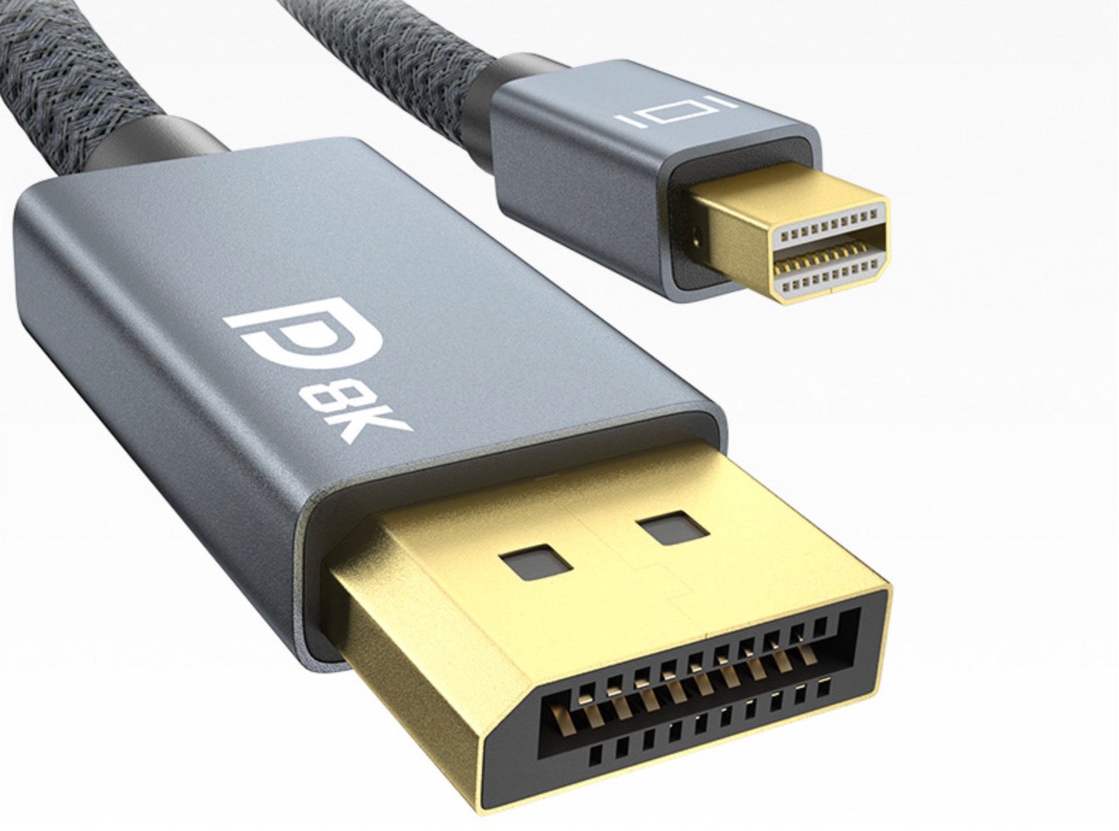 Close up of Mini DisplayPort connector on 8K DP cable