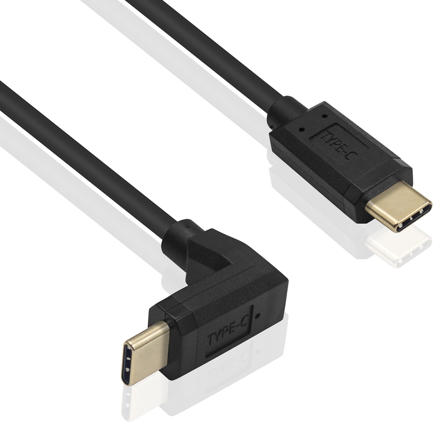 Coiled USB-C cable with down angled connector, extended view