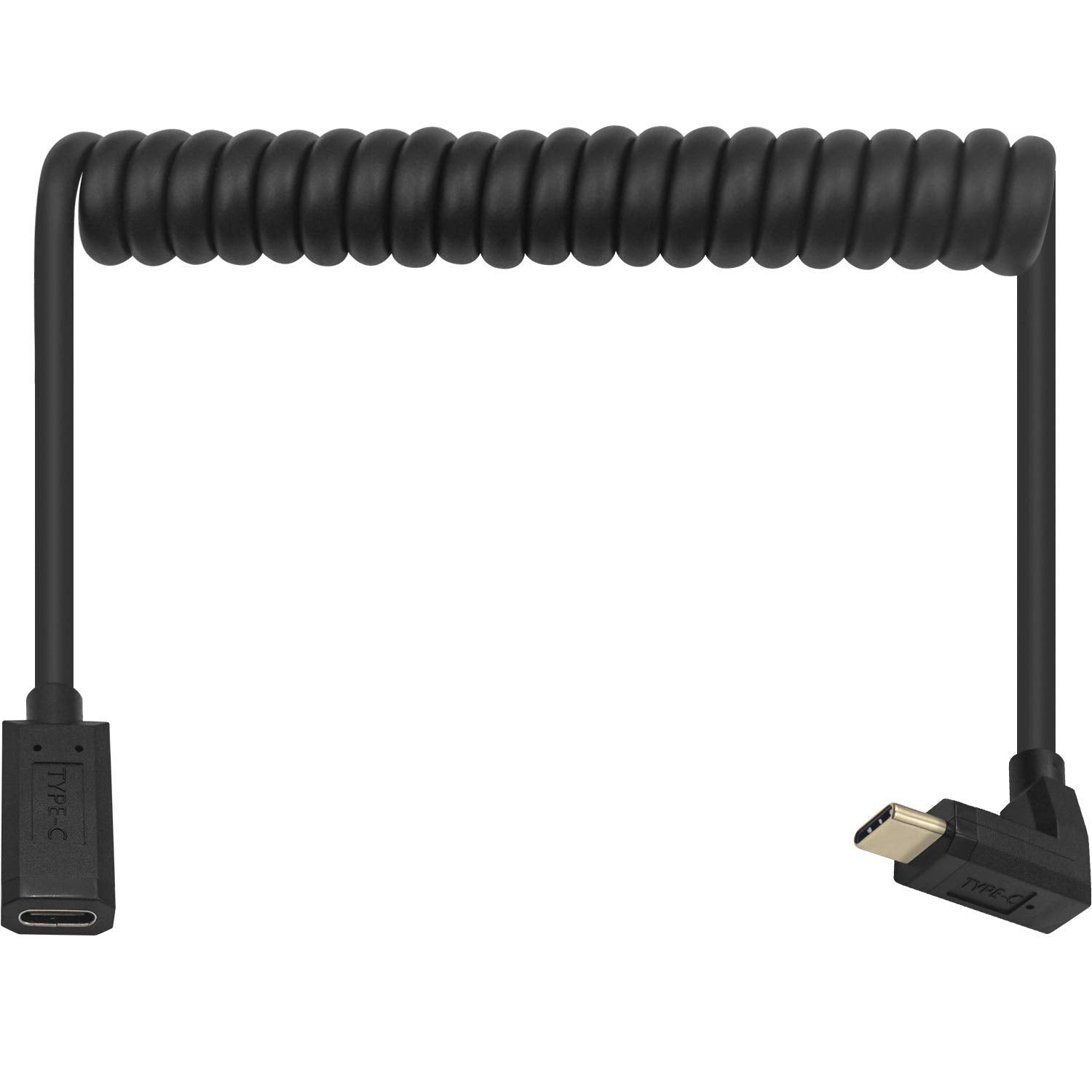 Coiled USB-C male to female extension cable with angled male connector
