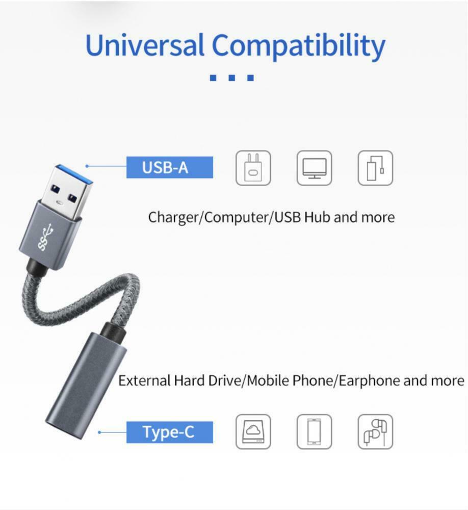 Compact 10cm USB-A to USB-C female adapter