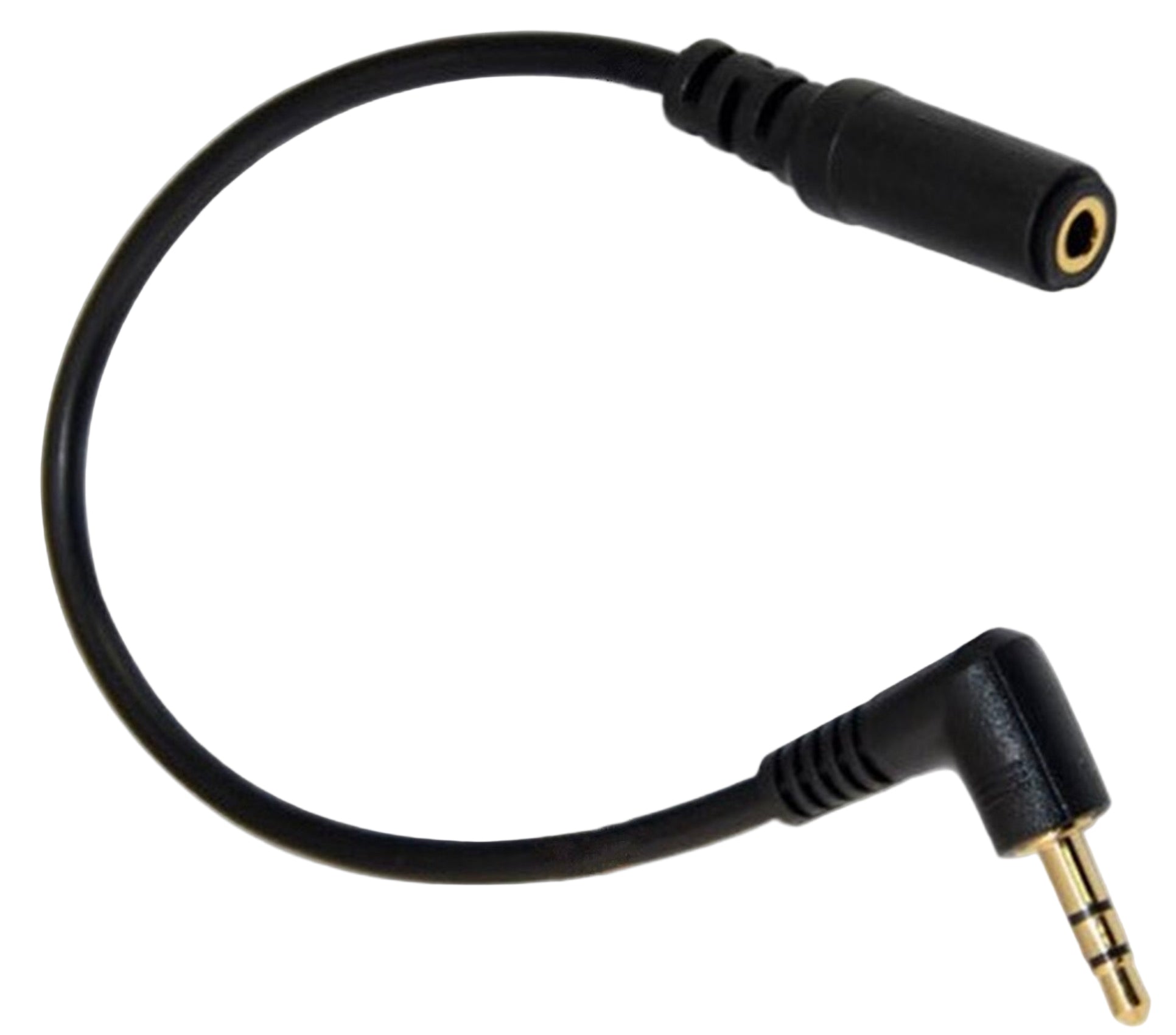 Black audio cable with 3.5mm connectors on a white background