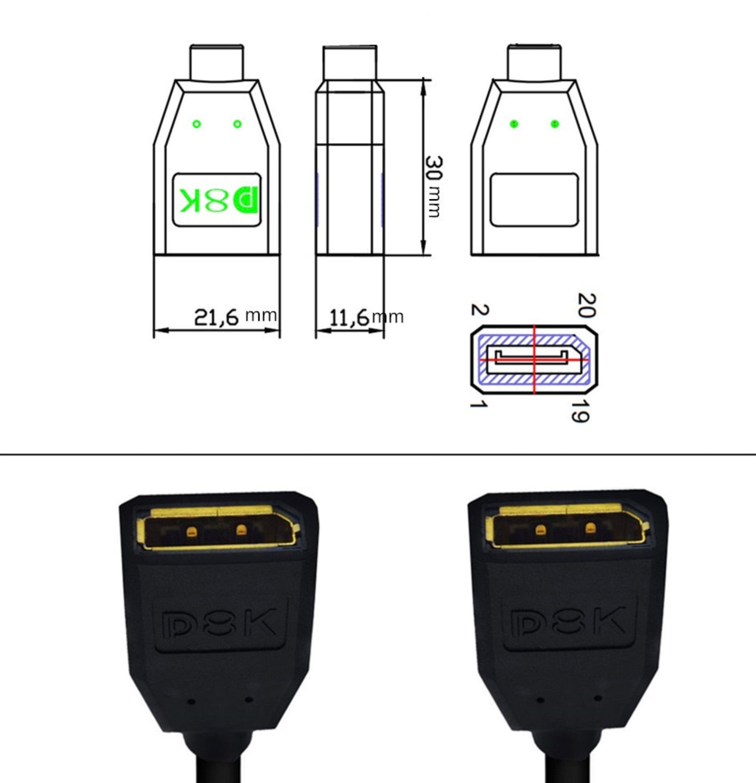 DisplayPort female extension cable for monitor and PC connection