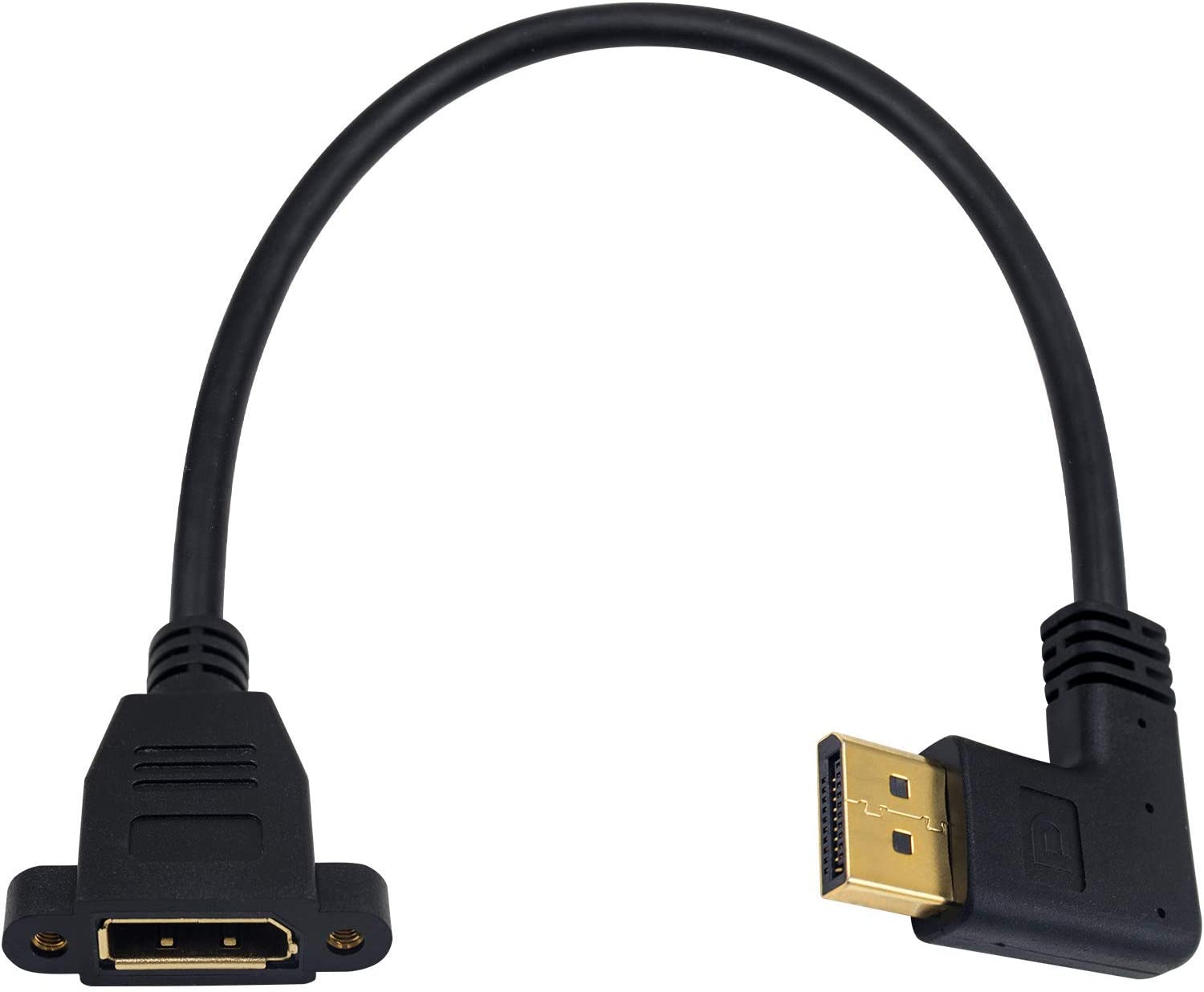 A black DisplayPort male to female panel mount extension cable with foil and braid shielding and gold plated connectors.