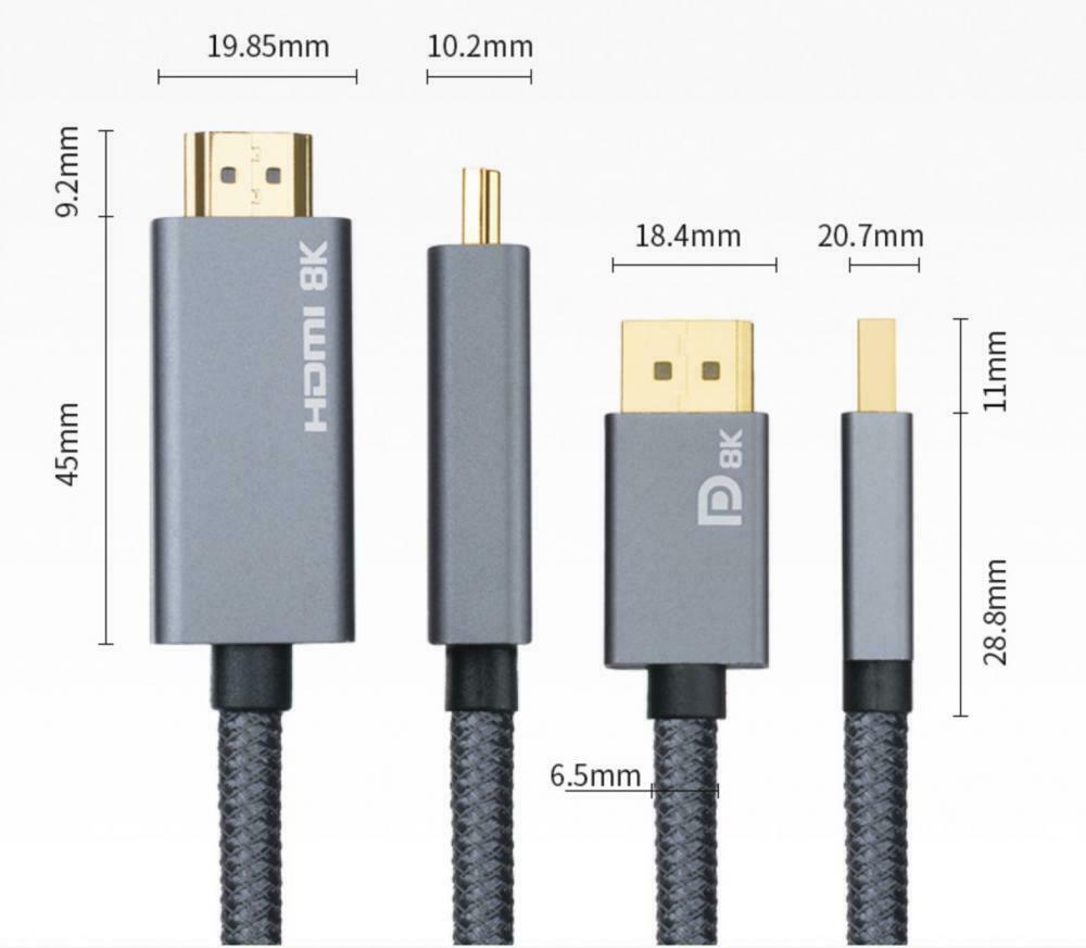 Displayport Male to HDMI Male 8K @30Hz Braided Video Cable