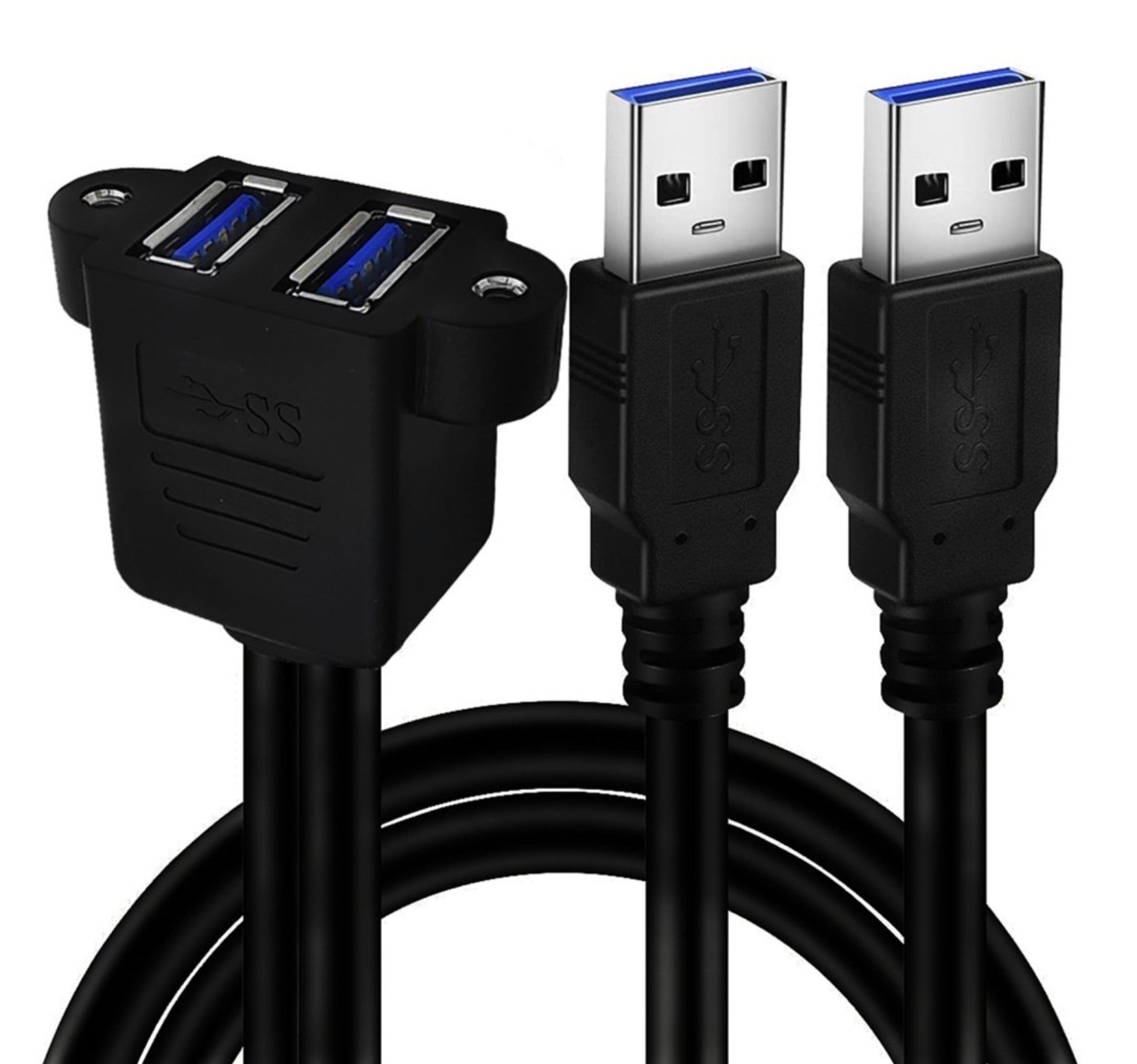 Dual USB-A panel mount extension cable for enclosures and racks
