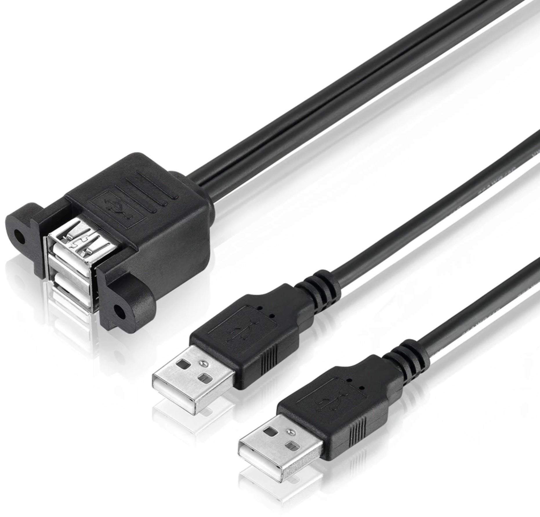 A black Dual USB 2.0 Type A Male to Female Extension Panel Mount Cable with two USB Type A connectors and a panel mount socket in the middle.