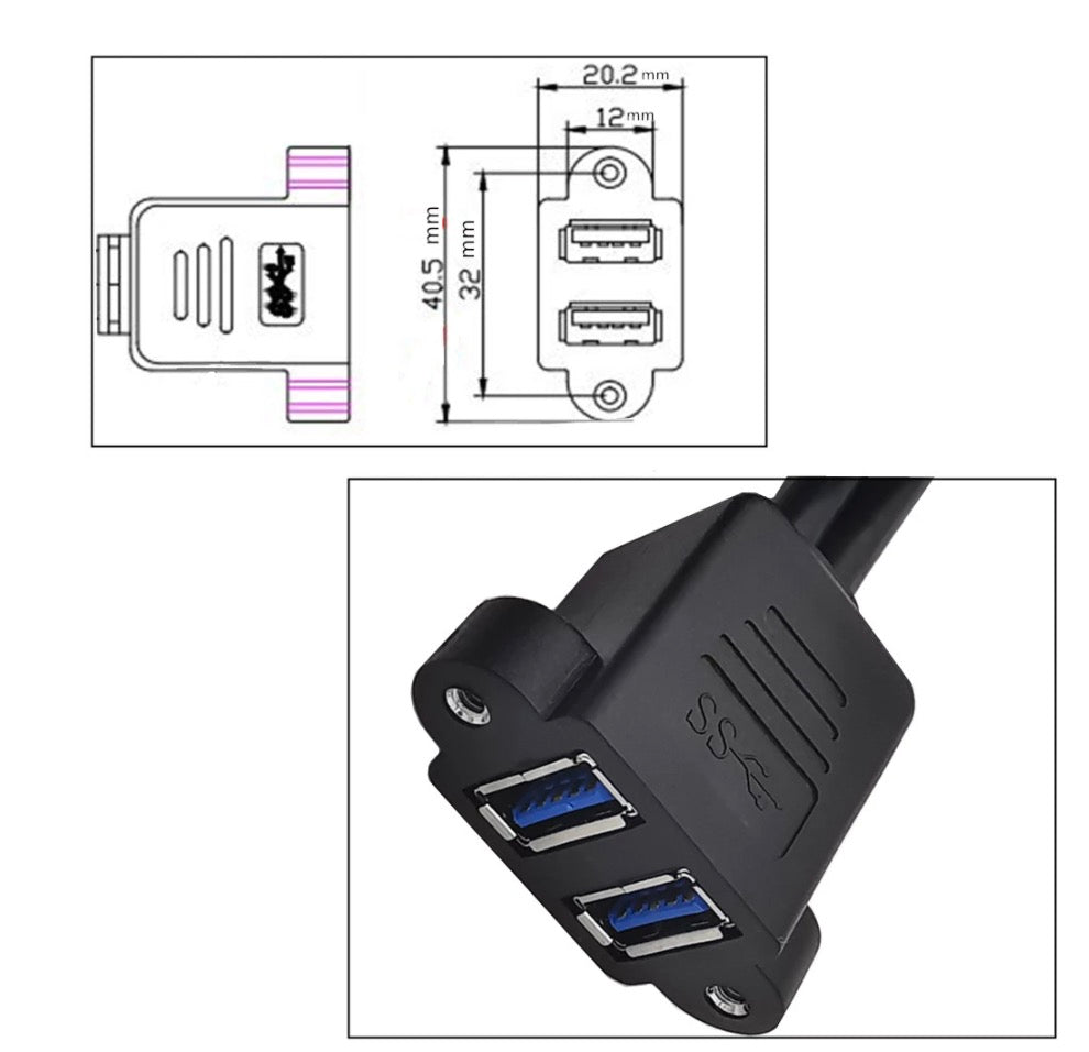 Dual USB-A panel mount extension cable for enclosures and rack