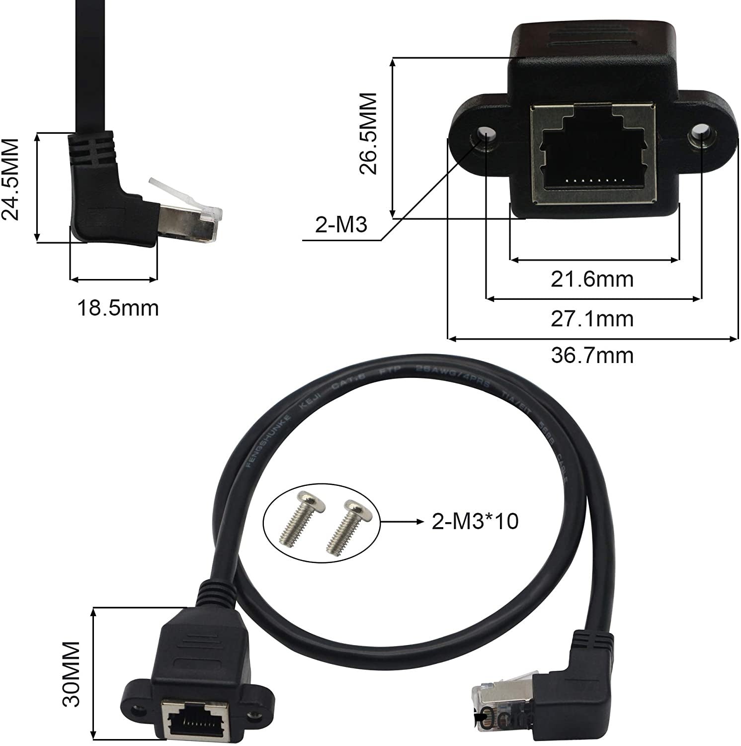 Ethernet extension cable with panel mount female RJ45 down angle