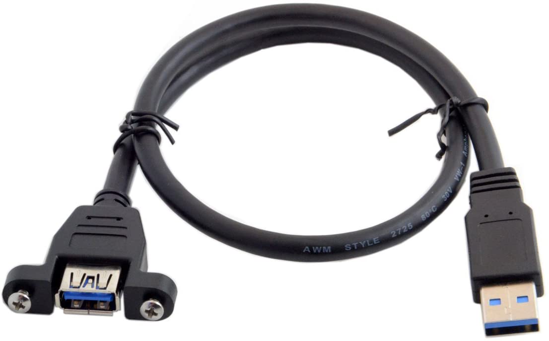 Flange mount USB 3.0 Type-A female extension cable with mounting hardware