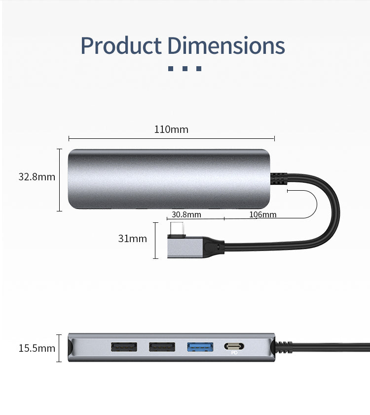 5-in-1 USB-C Hub 4K 30Hz HDMI, USB 3.0, 2.0 and PD 100W Fast Charging