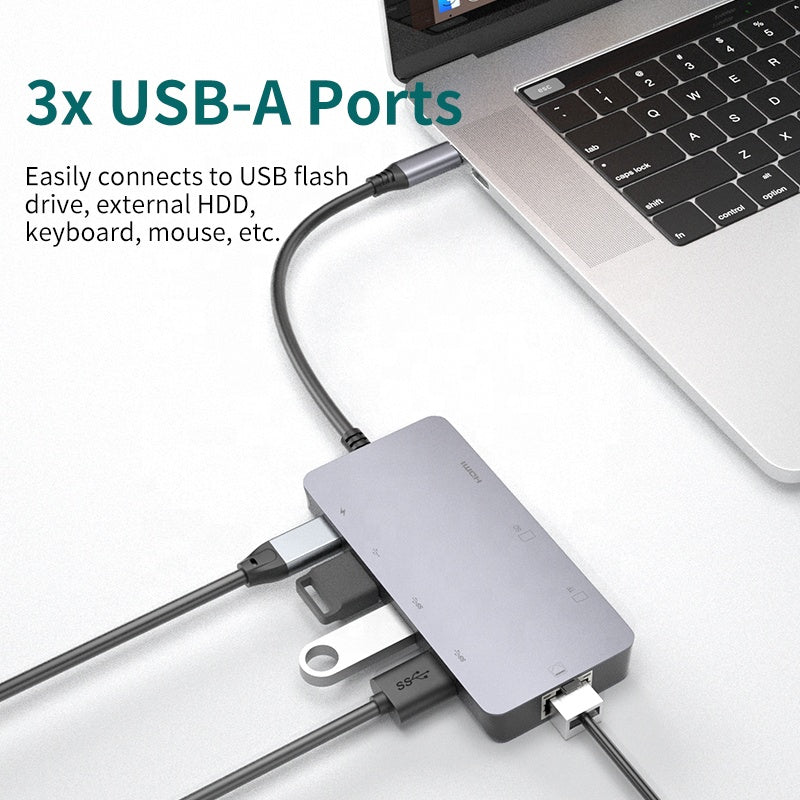 8 in 1 USB-C Hub with Gigabit Ethernet 4K HDMI USB 3.0 2 USB 2.0 PD 100W SD TF Card Reader Laptop Docking Station