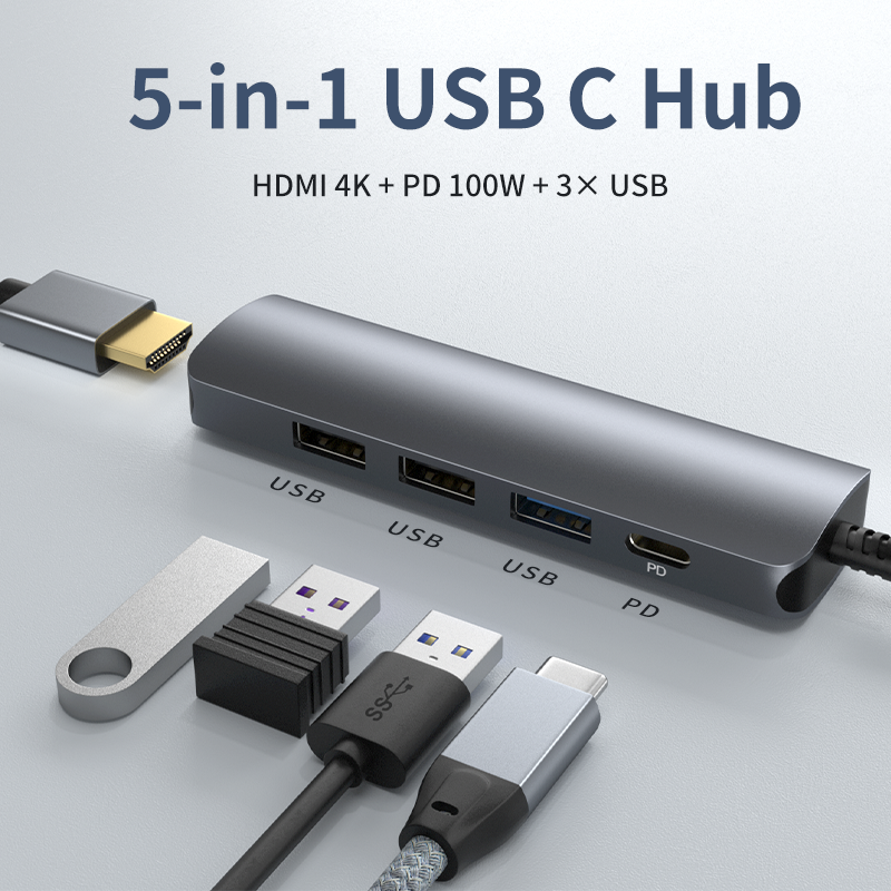 5-in-1 USB-C Hub 4K 30Hz HDMI, USB 3.0, 2.0 and PD 100W Fast Charging