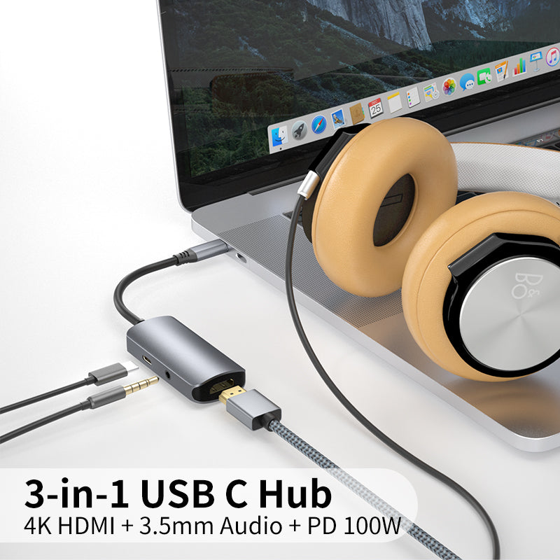 USB-C 3-in-1 Hub with HDMI 4K, 3.5mm Audio and PD 100W Port