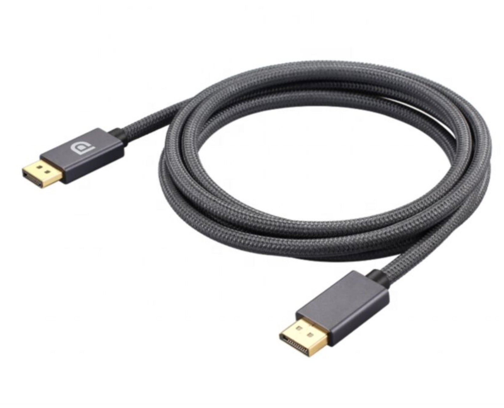 A gray braided cable with a DisplayPort connector on one end and a second DisplayPort connector on the other, signifying its use for connecting a DisplayPort equipped device to another.
