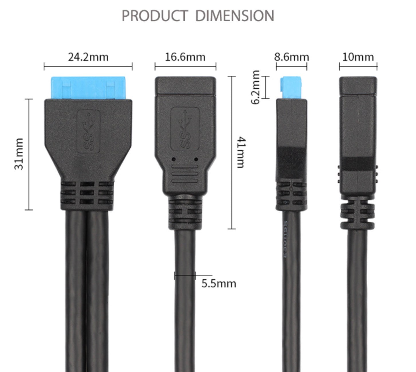 Internal USB 3.0 20-pin header cable with dual USB-A ports