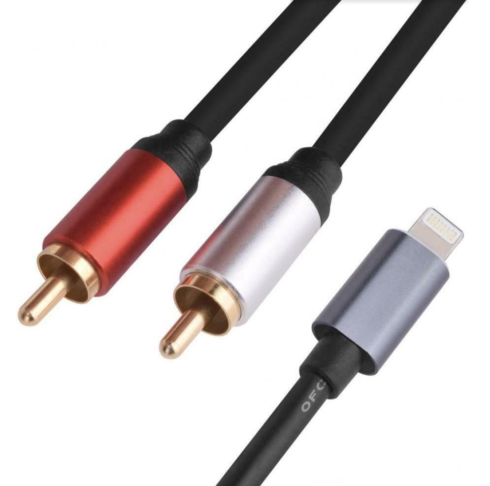 Lightning to dual RCA stereo audio cable with red and white male RCA connectors 1