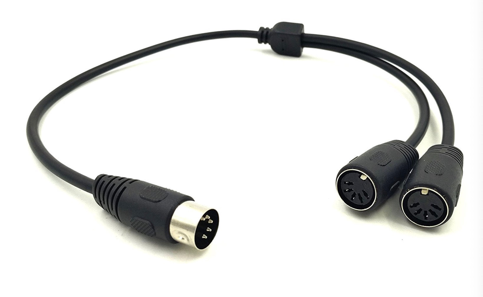 MIDI splitter cable connected to keyboard and synthesizer.