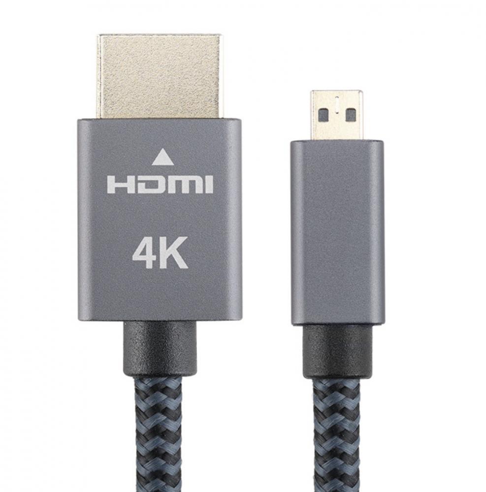 A gray micro HDMI to HDMI braided cable with the branding 'HMI 4K' printed on the micro HDMI connector.