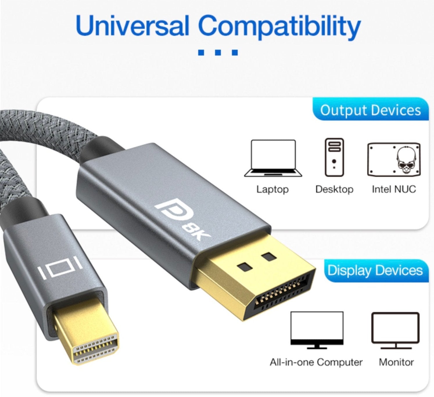 Mini DP to DisplayPort 1.4 cable with gold-plated connector