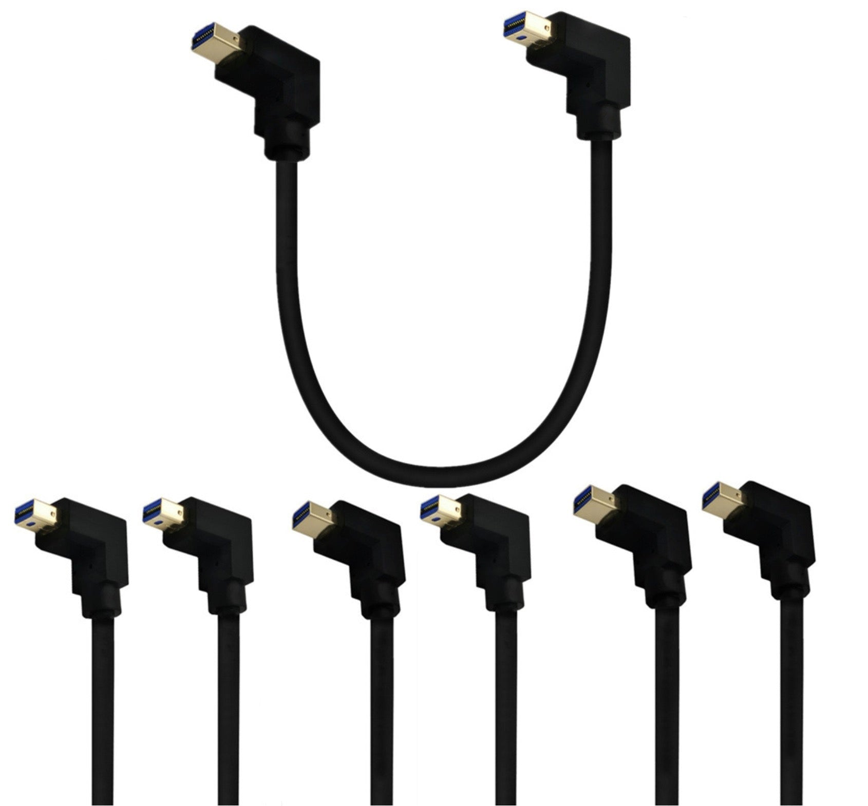 A black Mini DisplayPort cable with angled connectors, showing both the Mini DP male and female connectors.