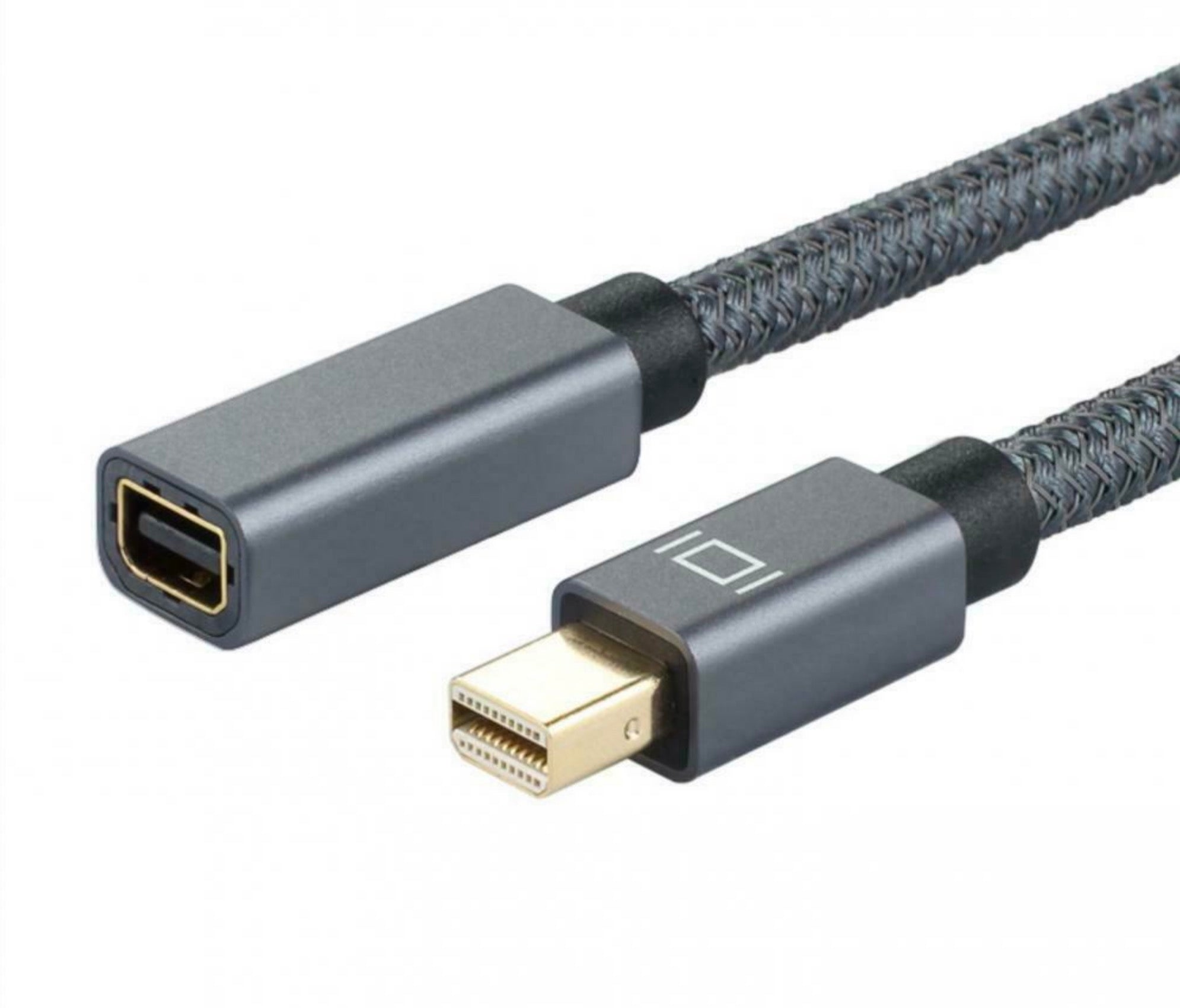 A gray Mini DisplayPort male to female video extension cable with braided shielding.