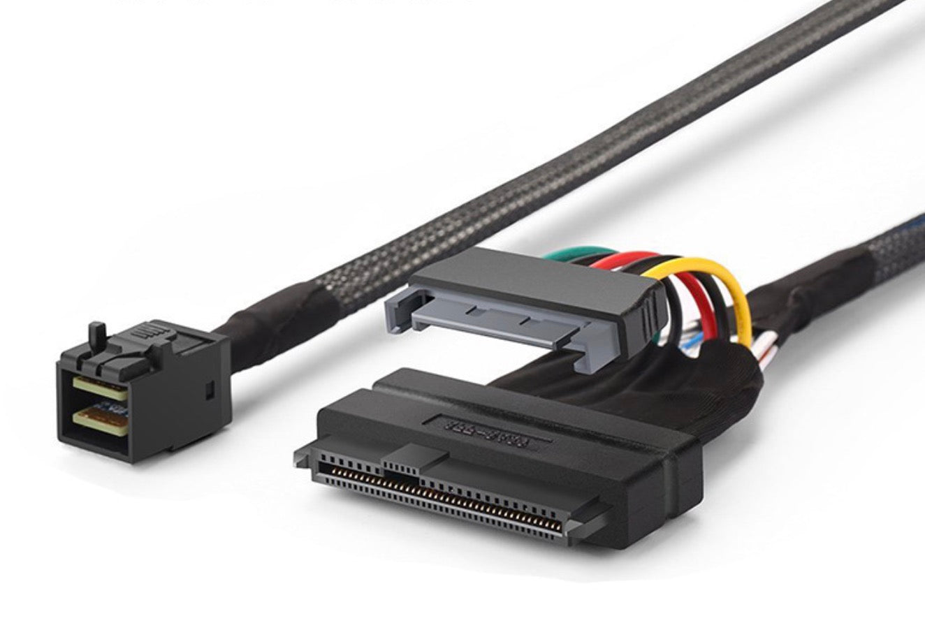 A black cable with a Mini SAS HD 4i plug on one end and a U.2 SFF-8639 male connector on the other, along with a SATA power connector.