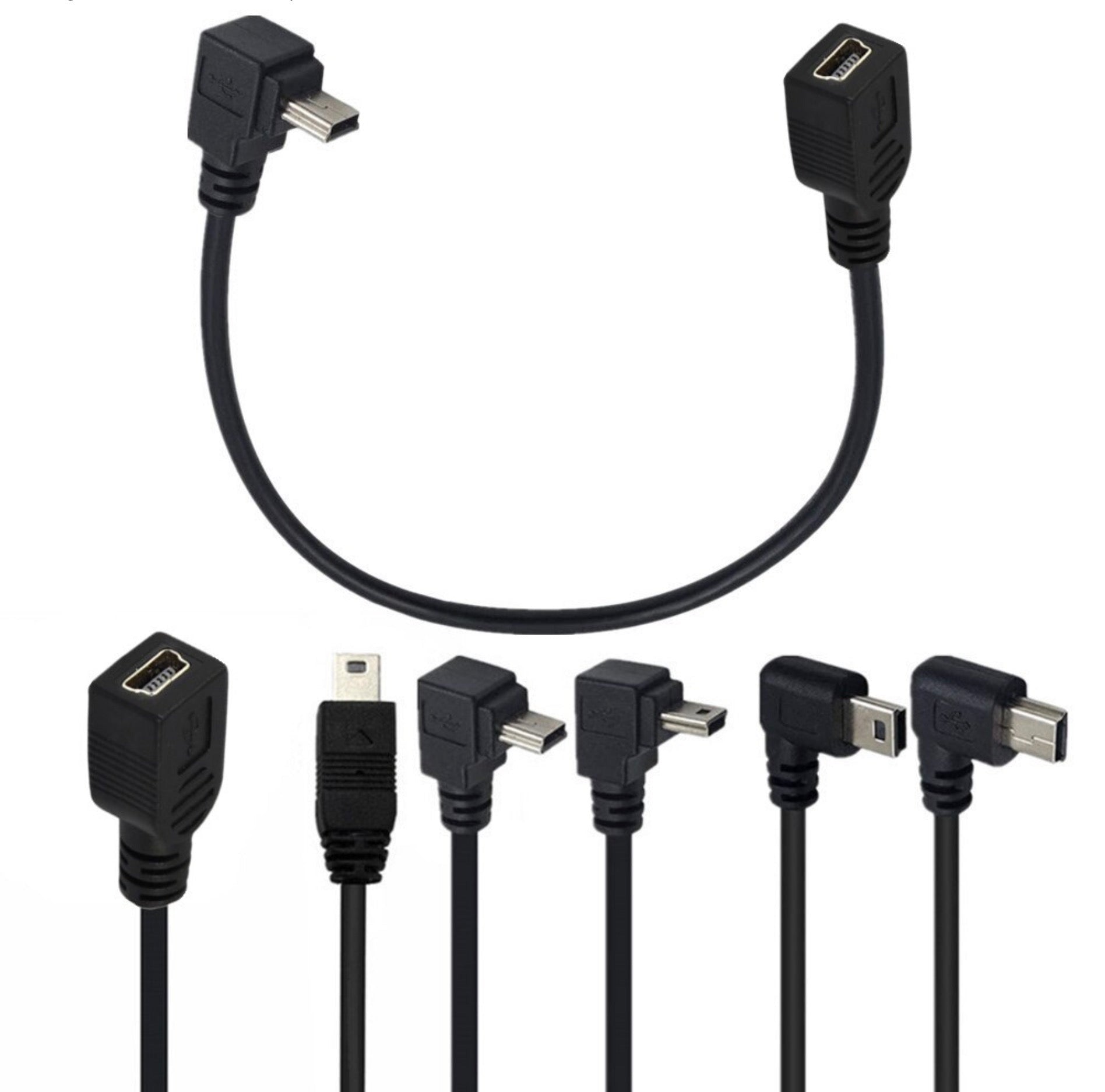 Mini USB Type-B male to female extension cable with angled connector 0.25m.