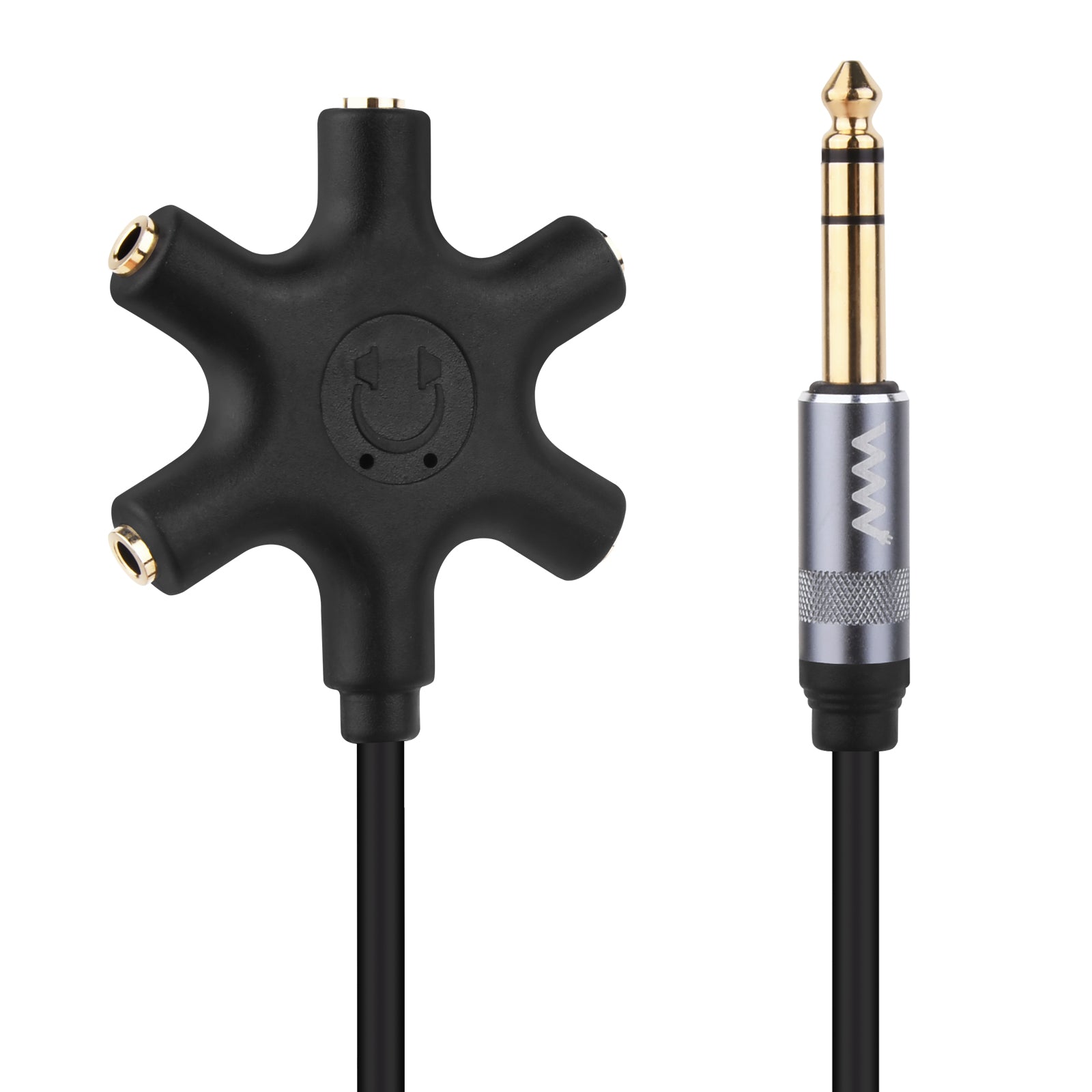  Multi-headphone splitter connected to laptop and headphones