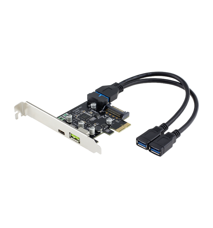Computer expansion card with USB ports and cable on a white background