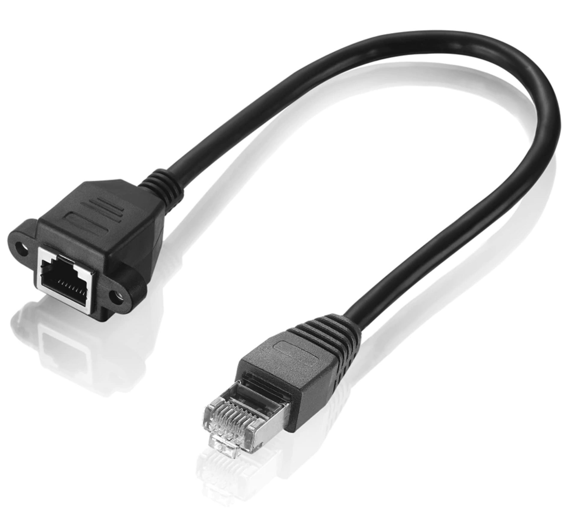 A black Cat 6 panel mount cable with RJ45 male to RJ45 female connectors on both ends, designed for Ethernet network connections.