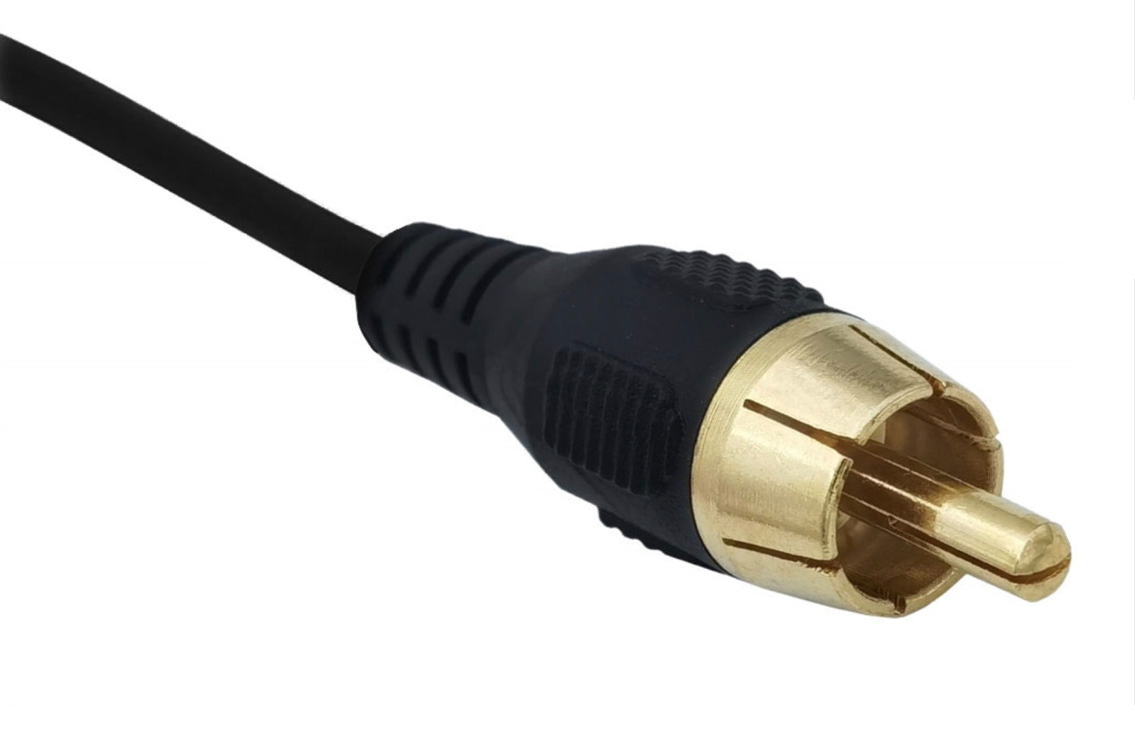 RCA audio cable with black jacket and gold connector on a white background