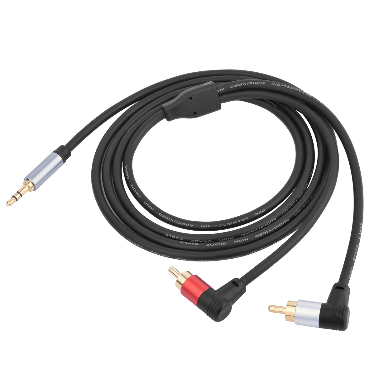 3.5mm to dual RCA phono jack headphone stereo Y splitter cable in black color.