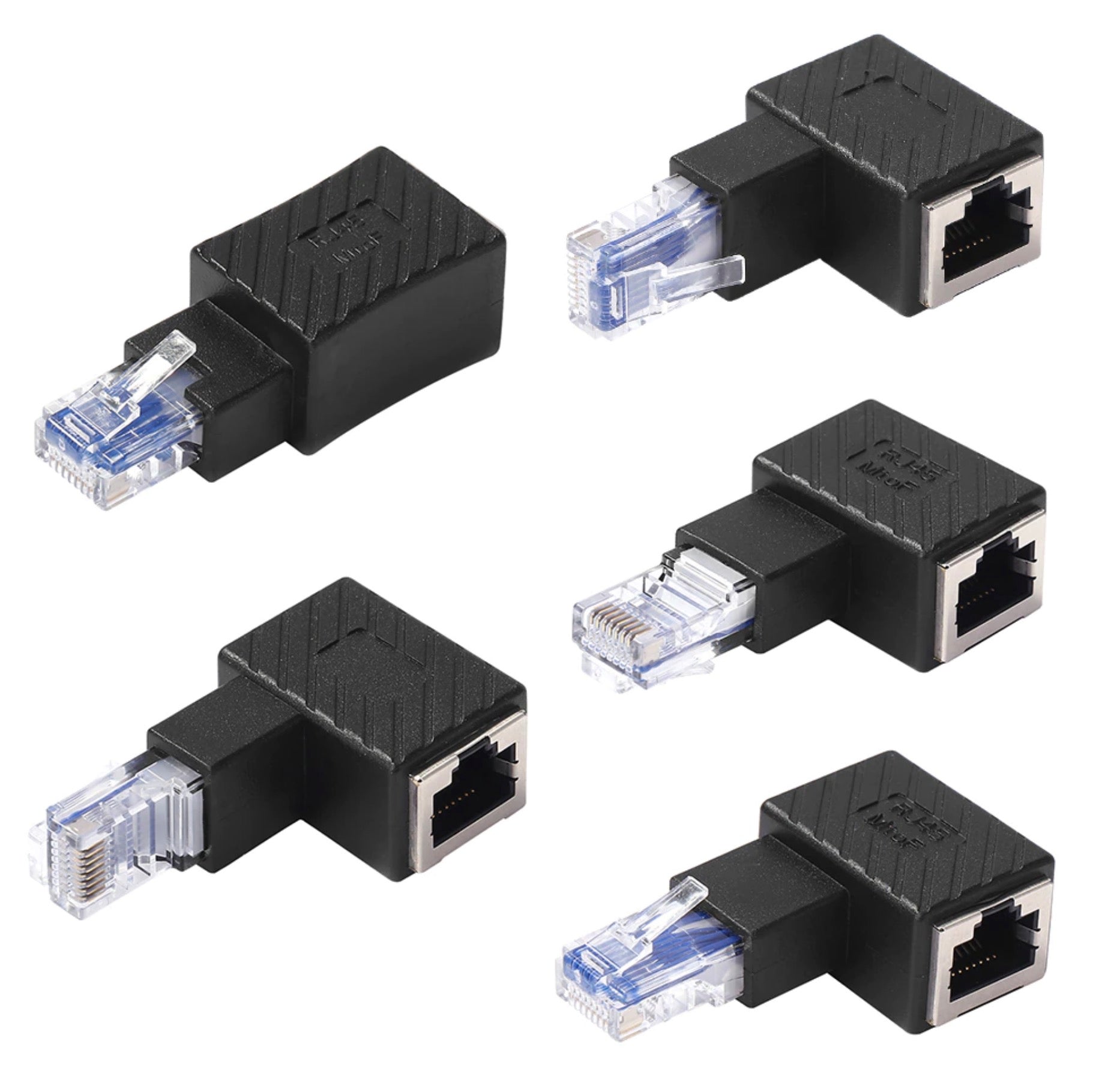 A set of black RJ45 male to female extension network connector adapters in various angles.